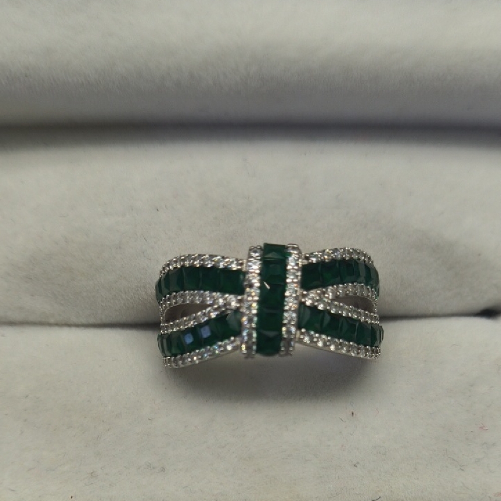 D-Joy Sterling Silver Simulated Green & White Diamonds Crossover Ring - Size 7